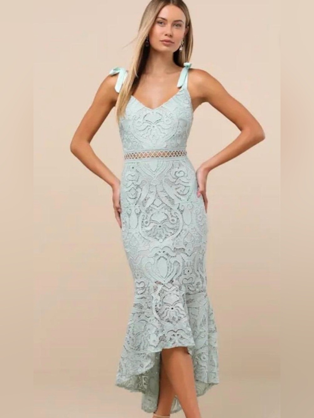 Lulus | Won Your Heart Sage Green Lace Tie-Strap High-Low Midi Dress